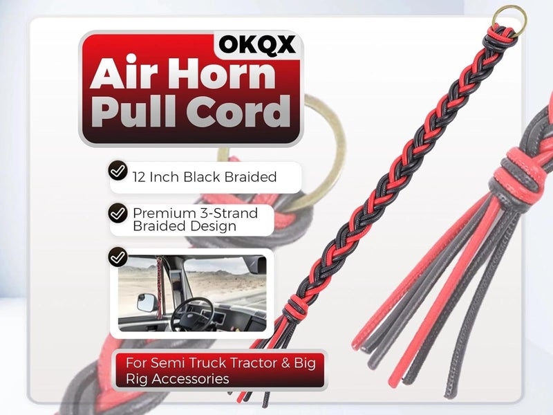 OKQX 12 Inch Red and Black Braided Air Horn Pull Cord Replacement - Heavy Duty Synthetic Leather Lanyard for Semi Truck, Tractor & Big Rig Accessories - Image 2